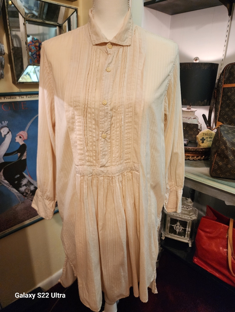 Magnolia Pearl Boho Vintage Women’s Cream Pintuck Button-Front Dress/Top